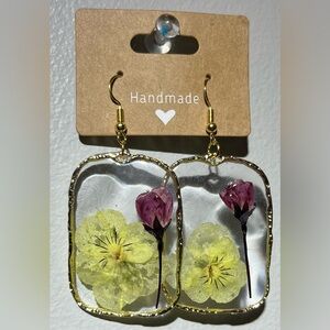 Handmade Floral Resin Earrings - Gold and Purple